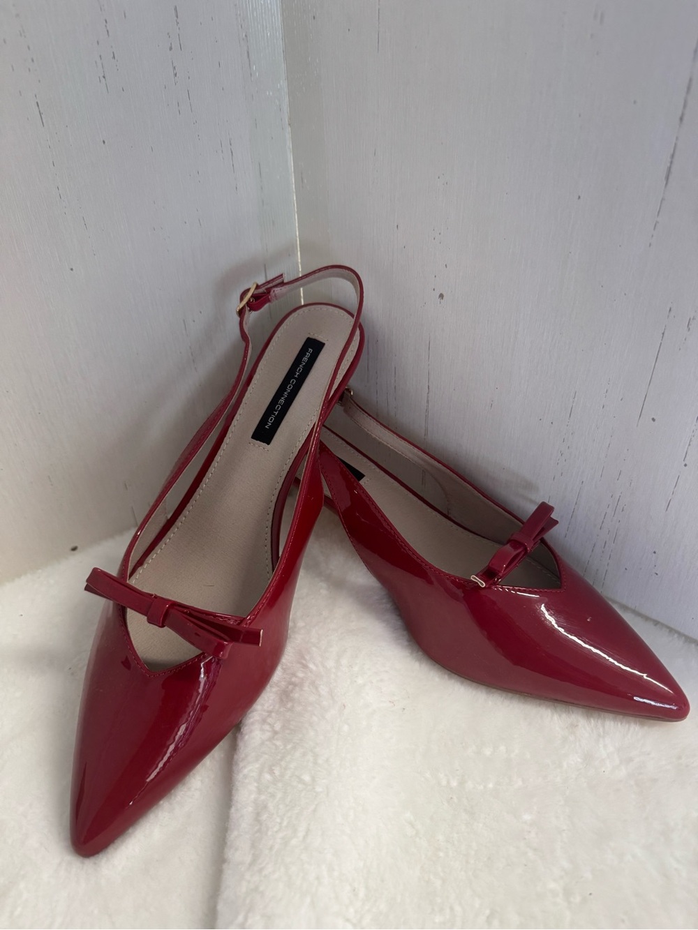 French Connection Red Patent Pointed Slingback Flats with Bow Accent